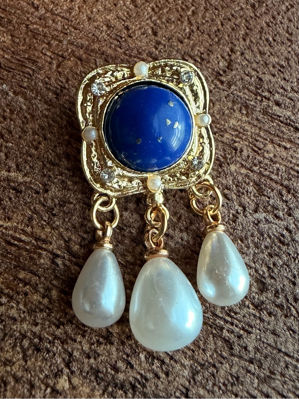 Gold-Tone Blue Cabochon and Faux Pearl Drop Brooch